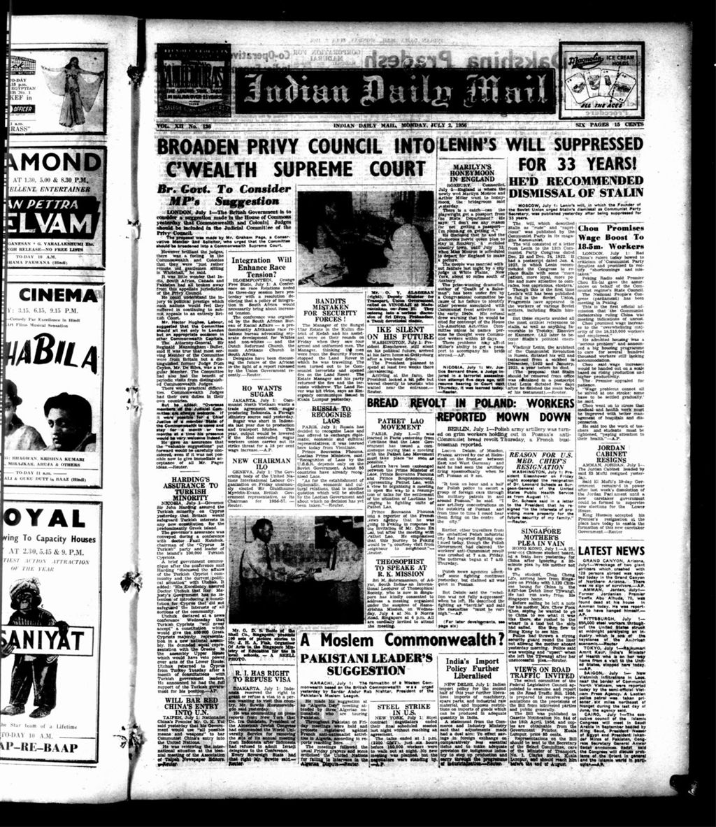 Miniature of Indian Daily Mail 02 July 1956