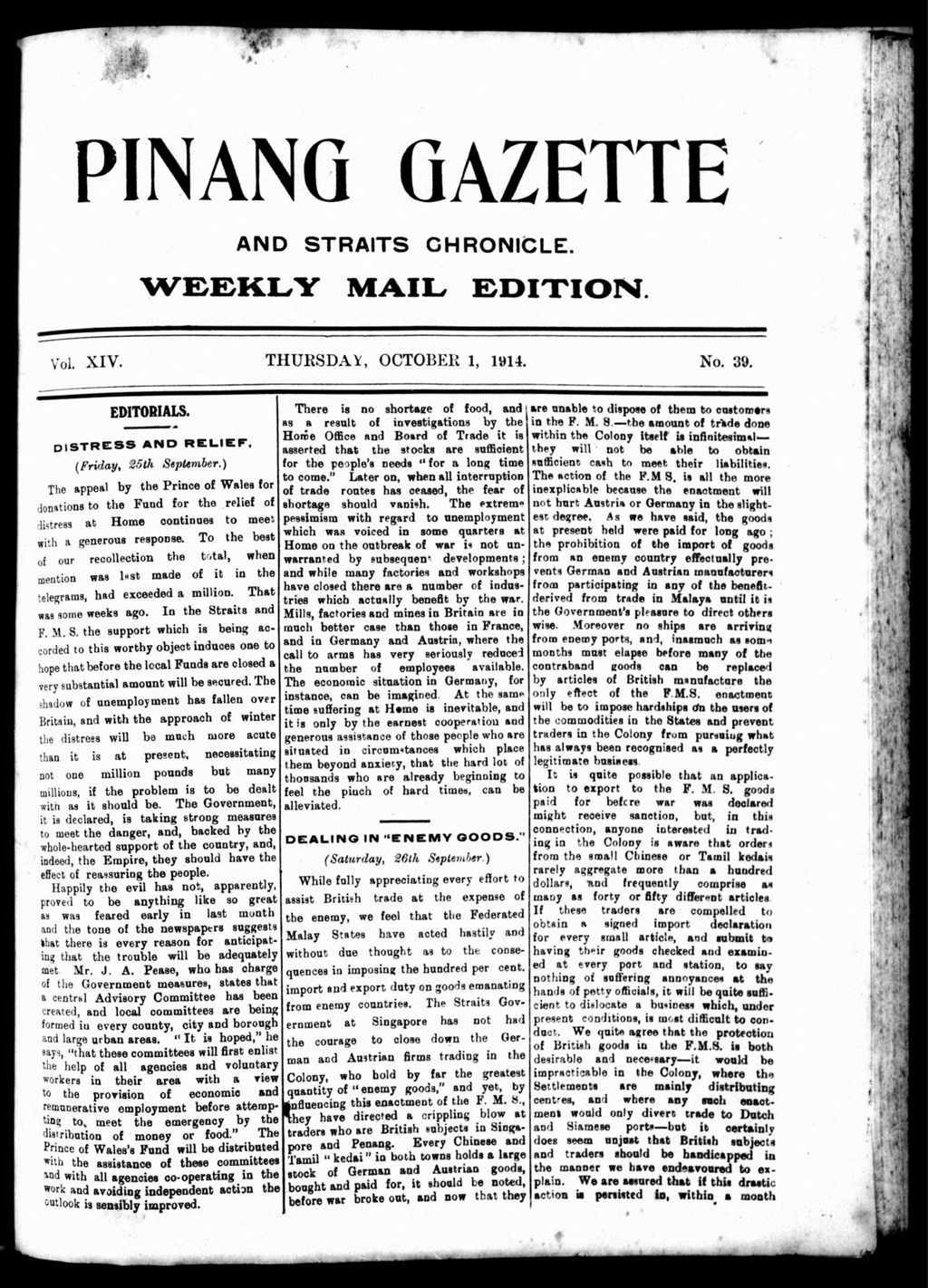 Miniature of Pinang Gazette and Straits Chronicle Weekly Mail Edition 01 October 1914