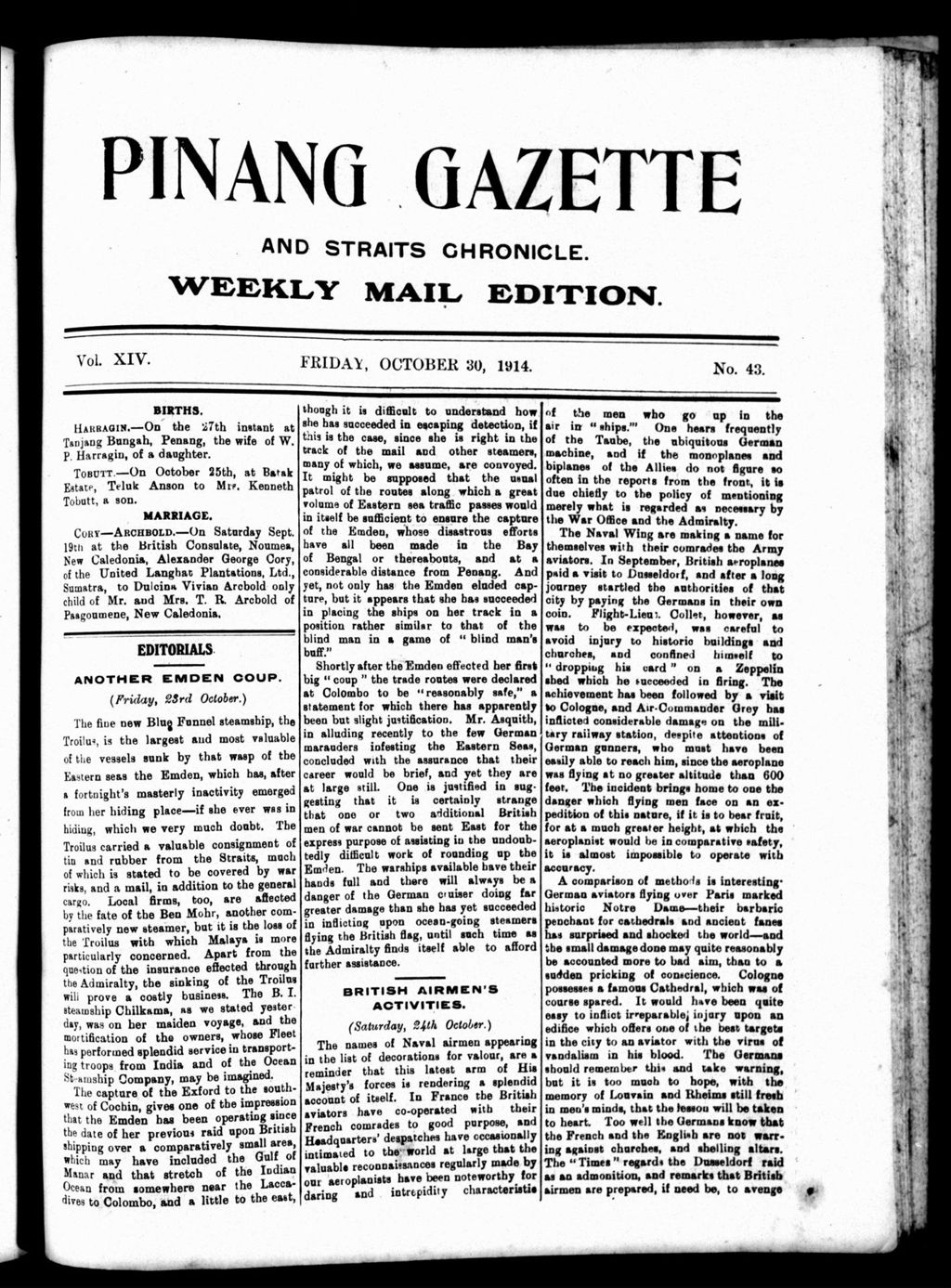 Miniature of Pinang Gazette and Straits Chronicle Weekly Mail Edition 30 October 1914