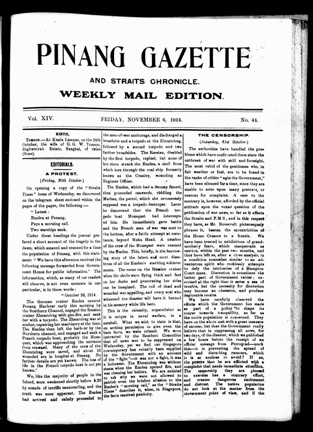 Miniature of Pinang Gazette and Straits Chronicle Weekly Mail Edition 06 November 1914