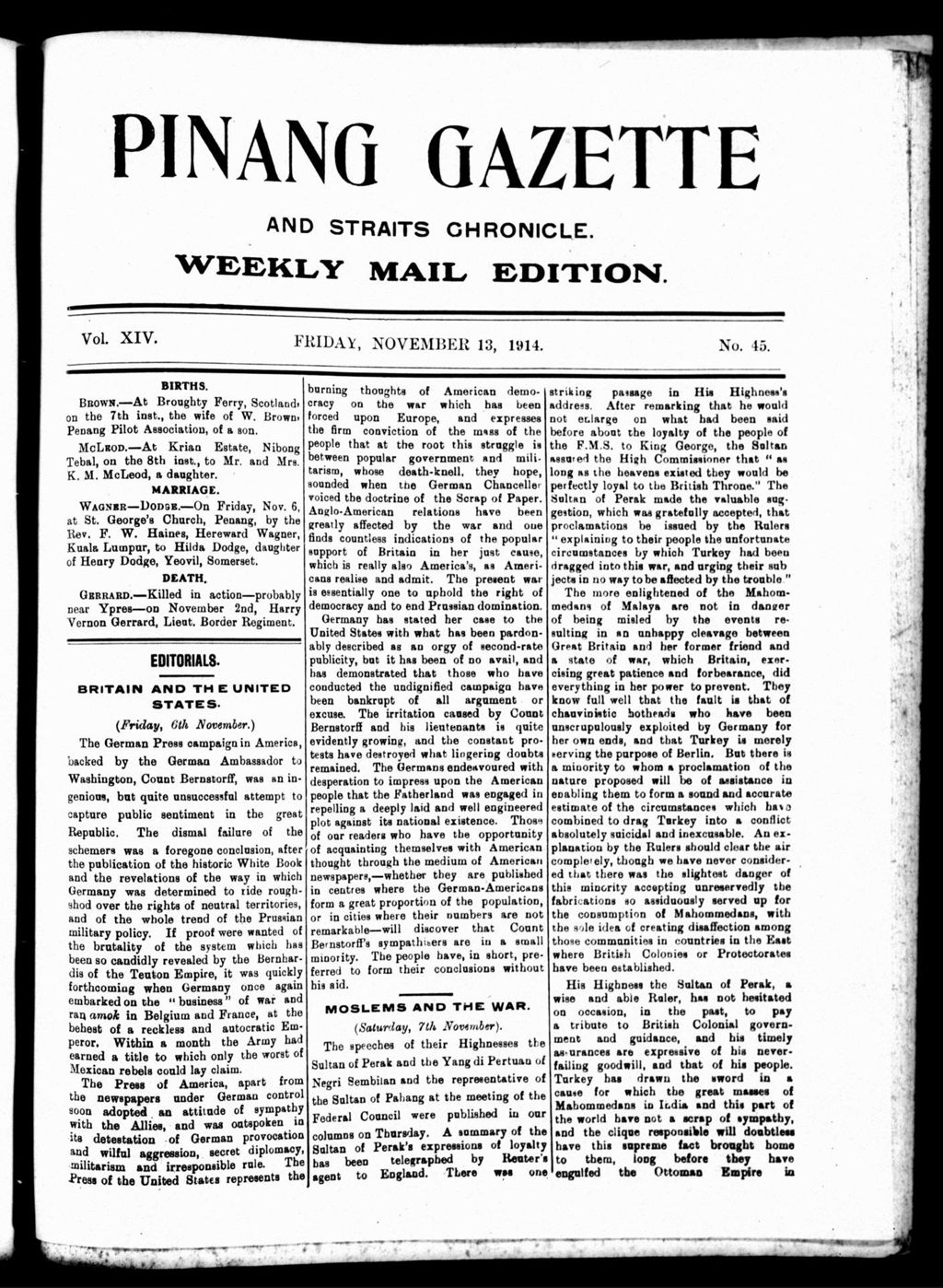 Miniature of Pinang Gazette and Straits Chronicle Weekly Mail Edition 13 November 1914