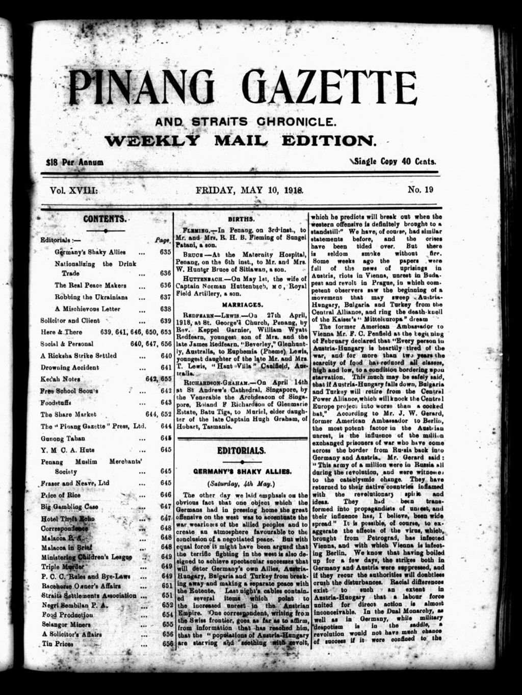 Miniature of Pinang Gazette and Straits Chronicle Weekly Mail Edition 10 May 1918