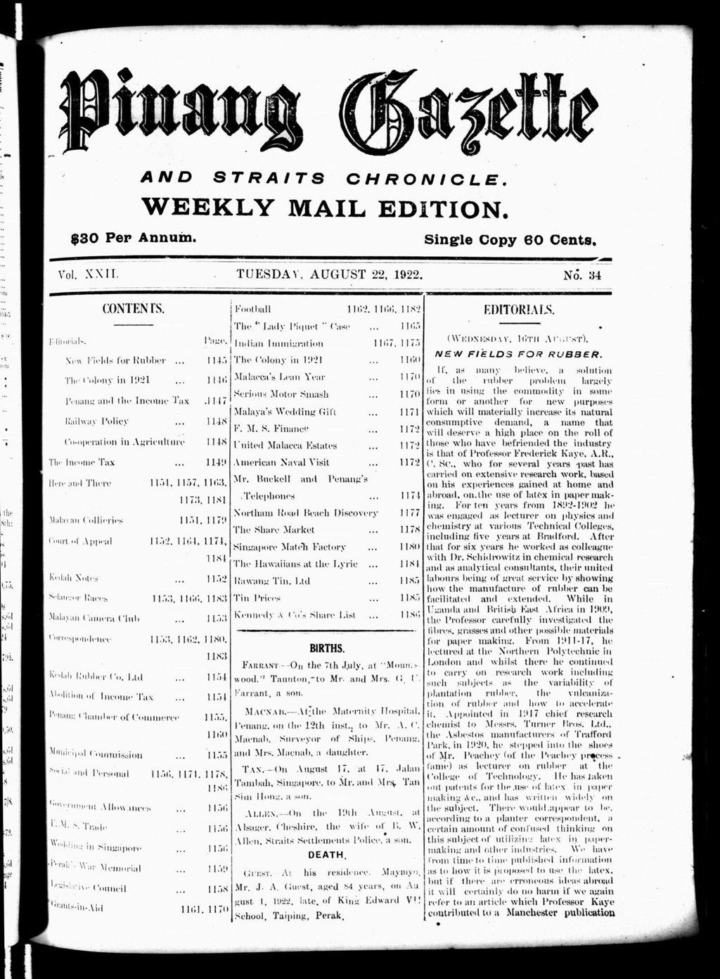 Miniature of Pinang Gazette and Straits Chronicle Weekly Mail Edition 22 August 1922