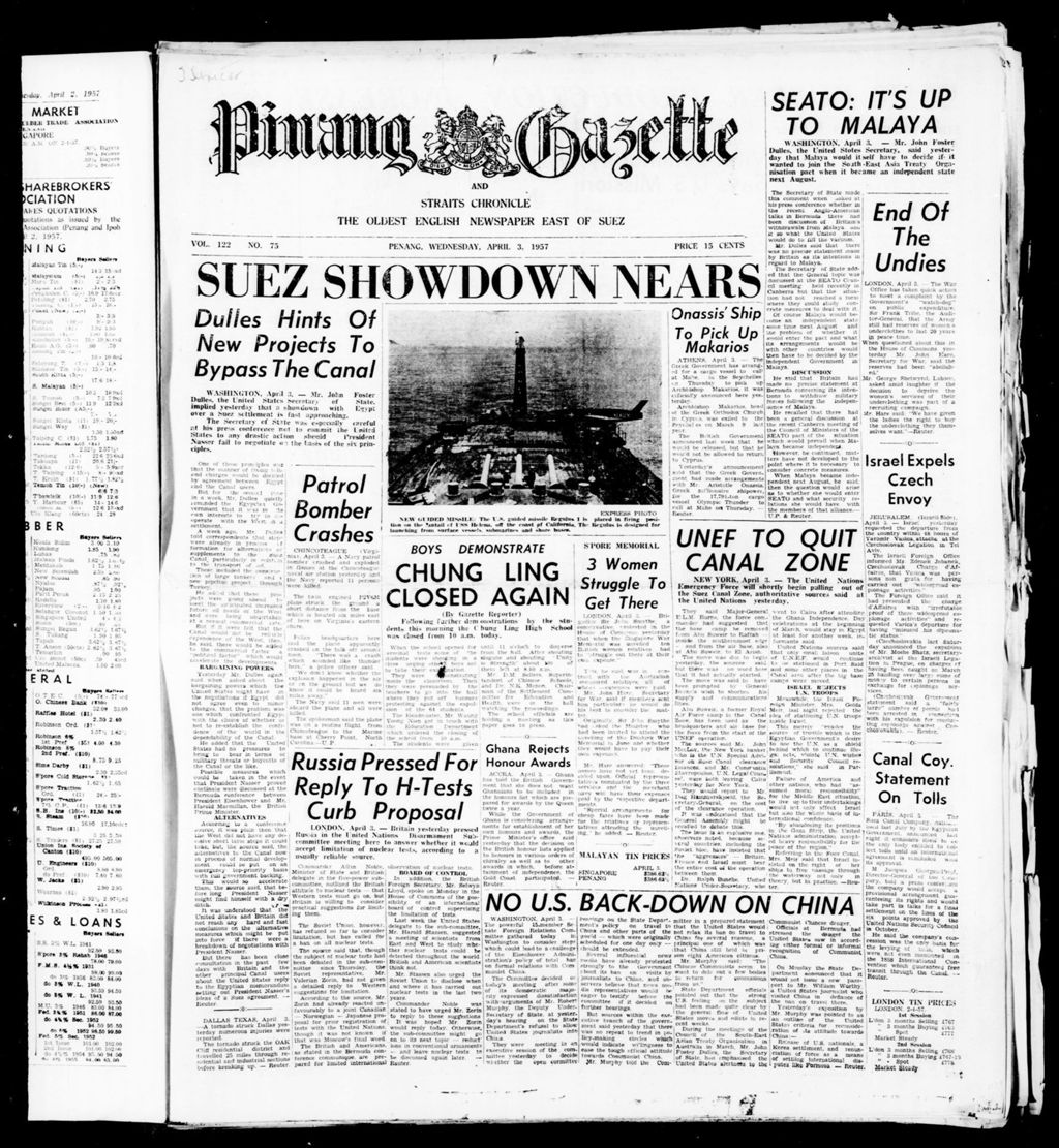 Miniature of Pinang Gazette and Straits Chronicle 03 April 1957