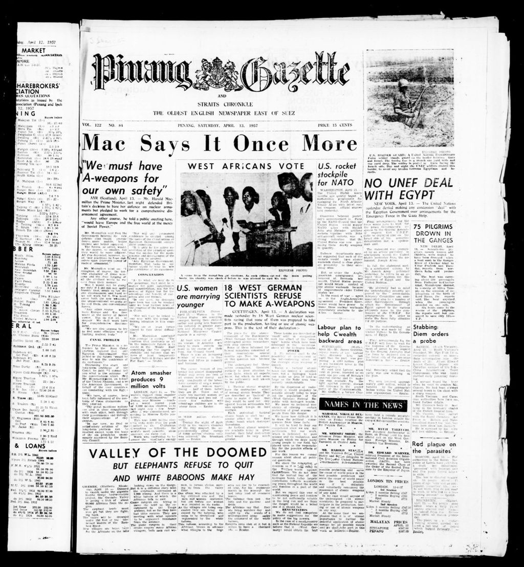 Miniature of Pinang Gazette and Straits Chronicle 13 April 1957