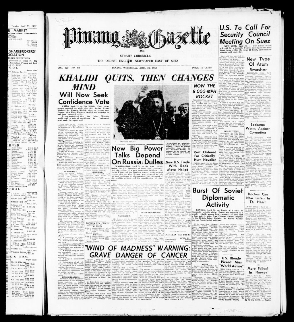 Miniature of Pinang Gazette and Straits Chronicle 24 April 1957