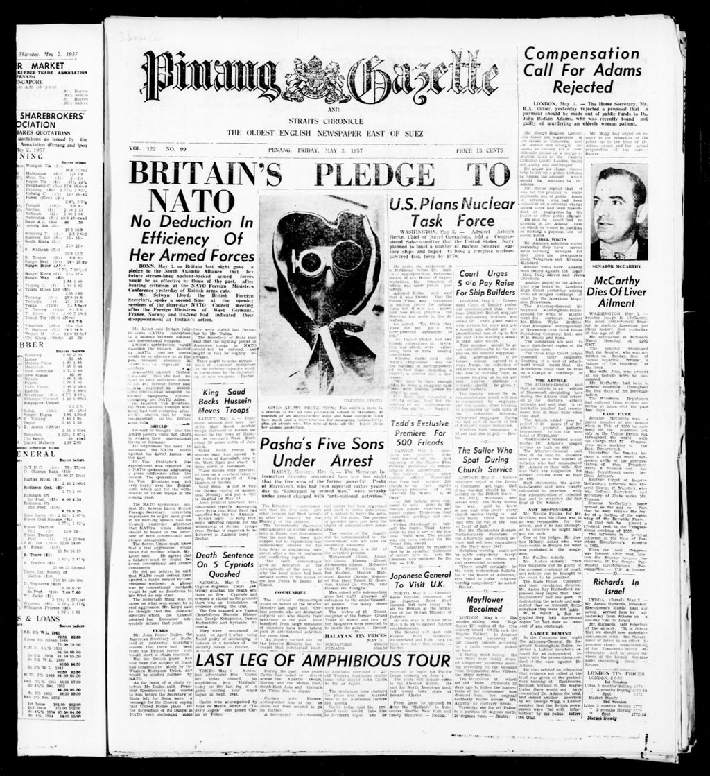 Miniature of Pinang Gazette and Straits Chronicle 03 May 1957