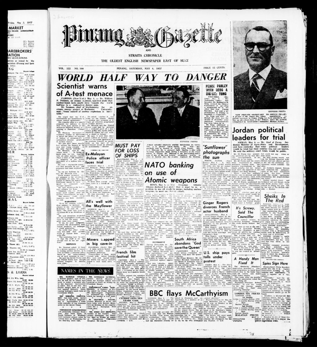 Miniature of Pinang Gazette and Straits Chronicle 04 May 1957