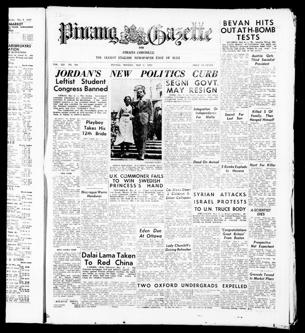 Miniature of Pinang Gazette and Straits Chronicle 06 May 1957