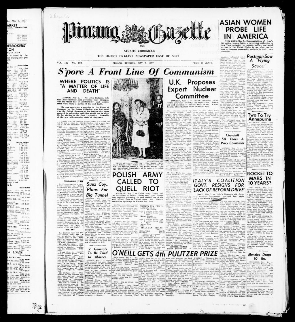 Miniature of Pinang Gazette and Straits Chronicle 07 May 1957