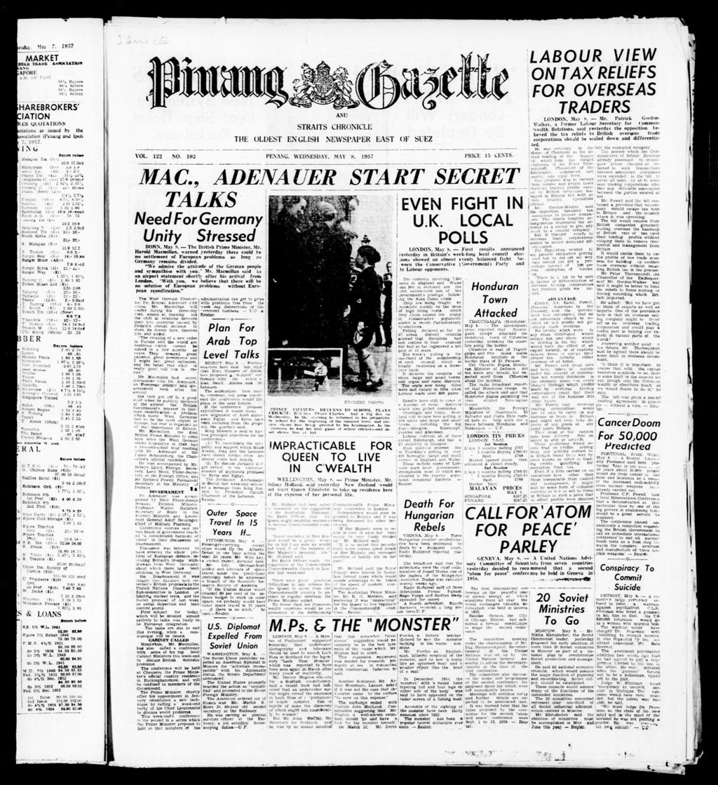 Miniature of Pinang Gazette and Straits Chronicle 08 May 1957