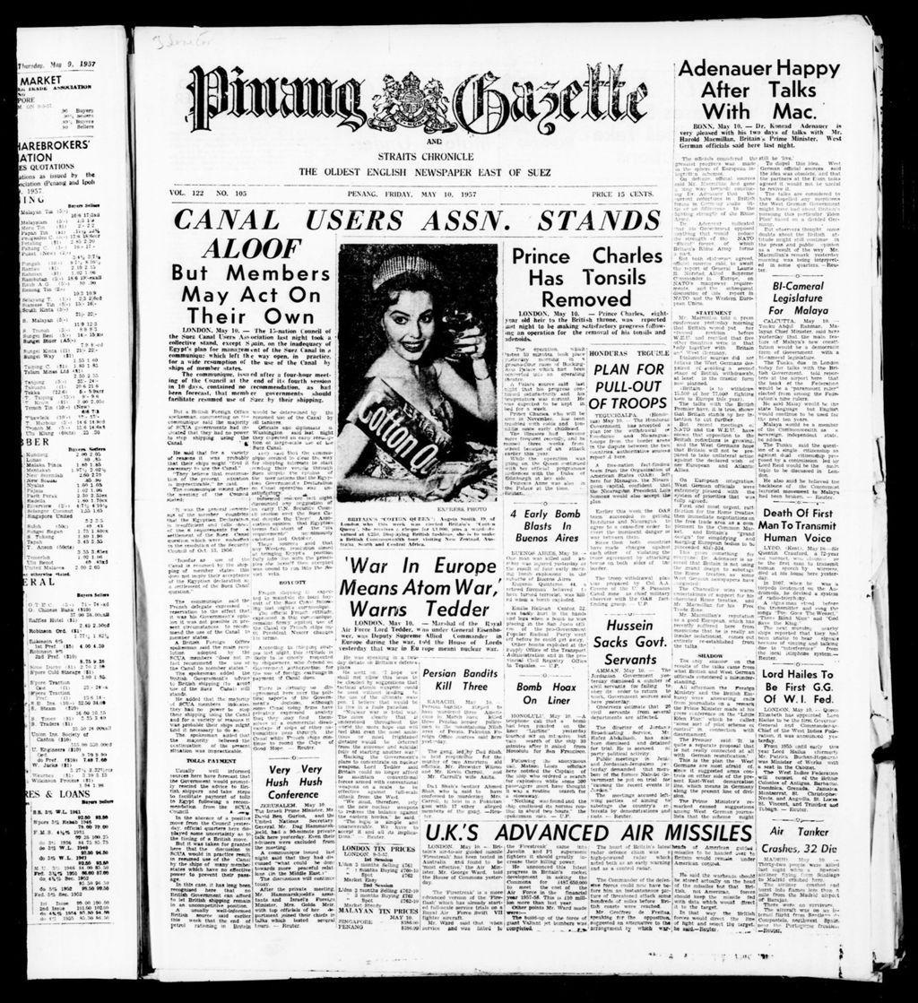 Miniature of Pinang Gazette and Straits Chronicle 10 May 1957