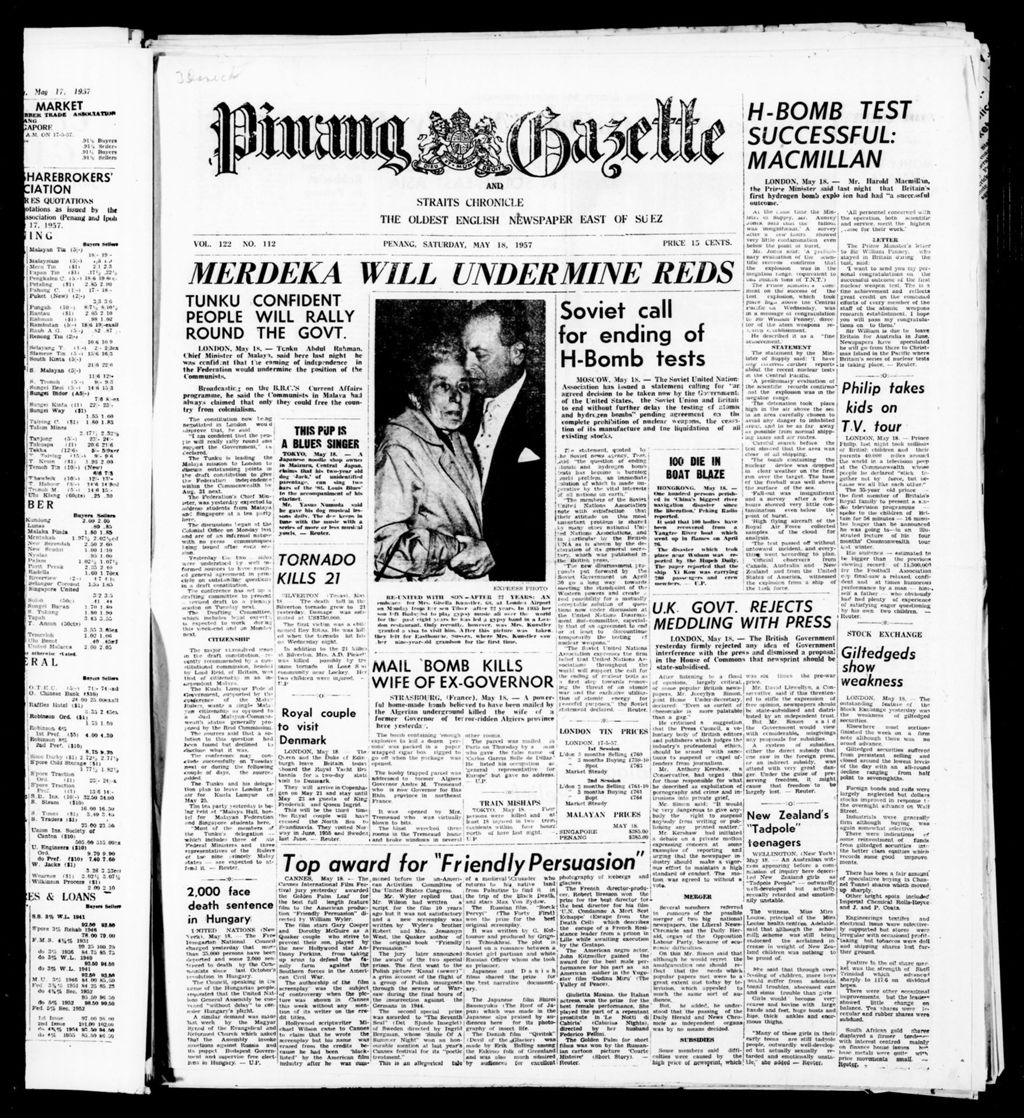 Miniature of Pinang Gazette and Straits Chronicle 18 May 1957