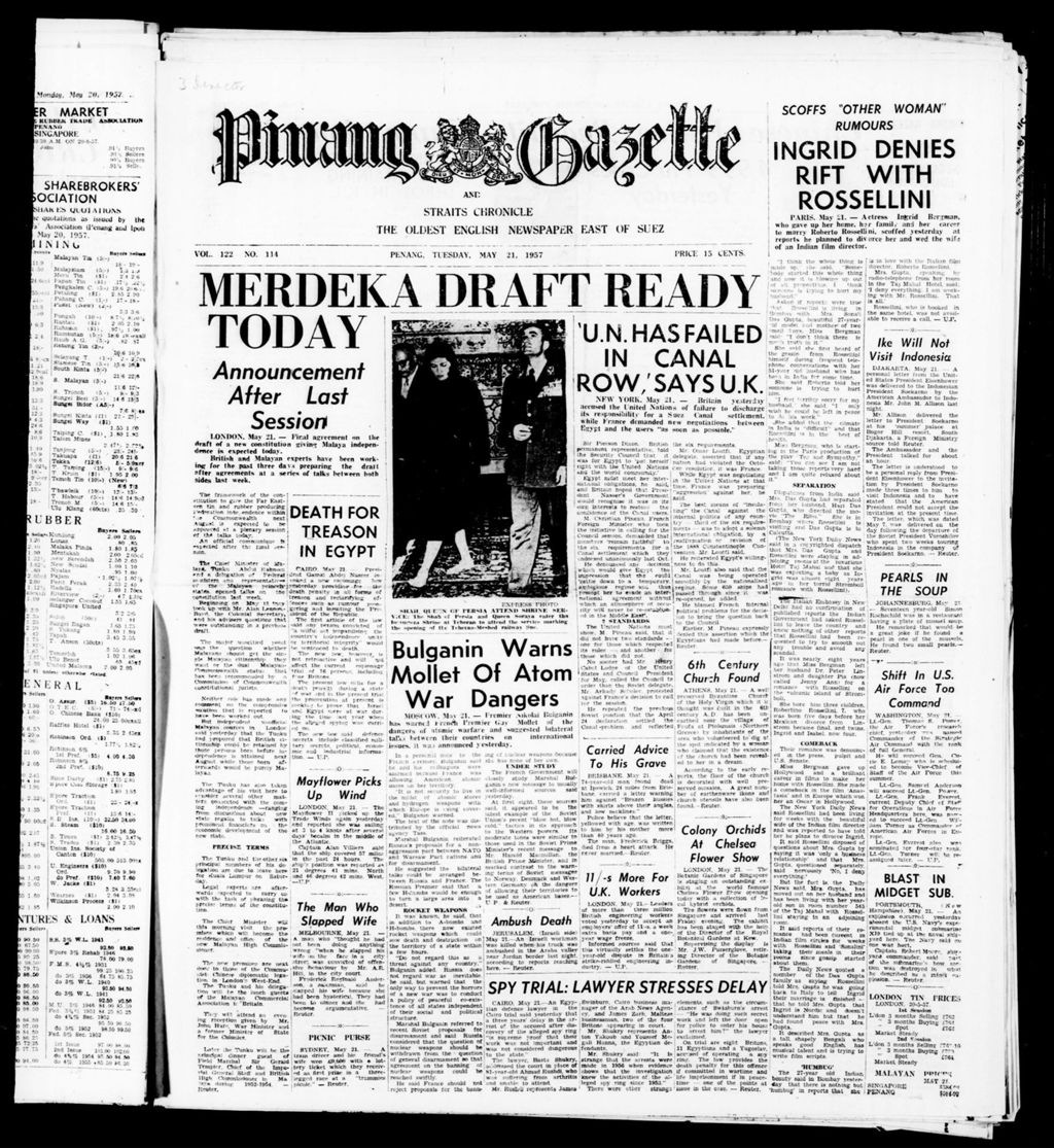 Miniature of Pinang Gazette and Straits Chronicle 21 May 1957