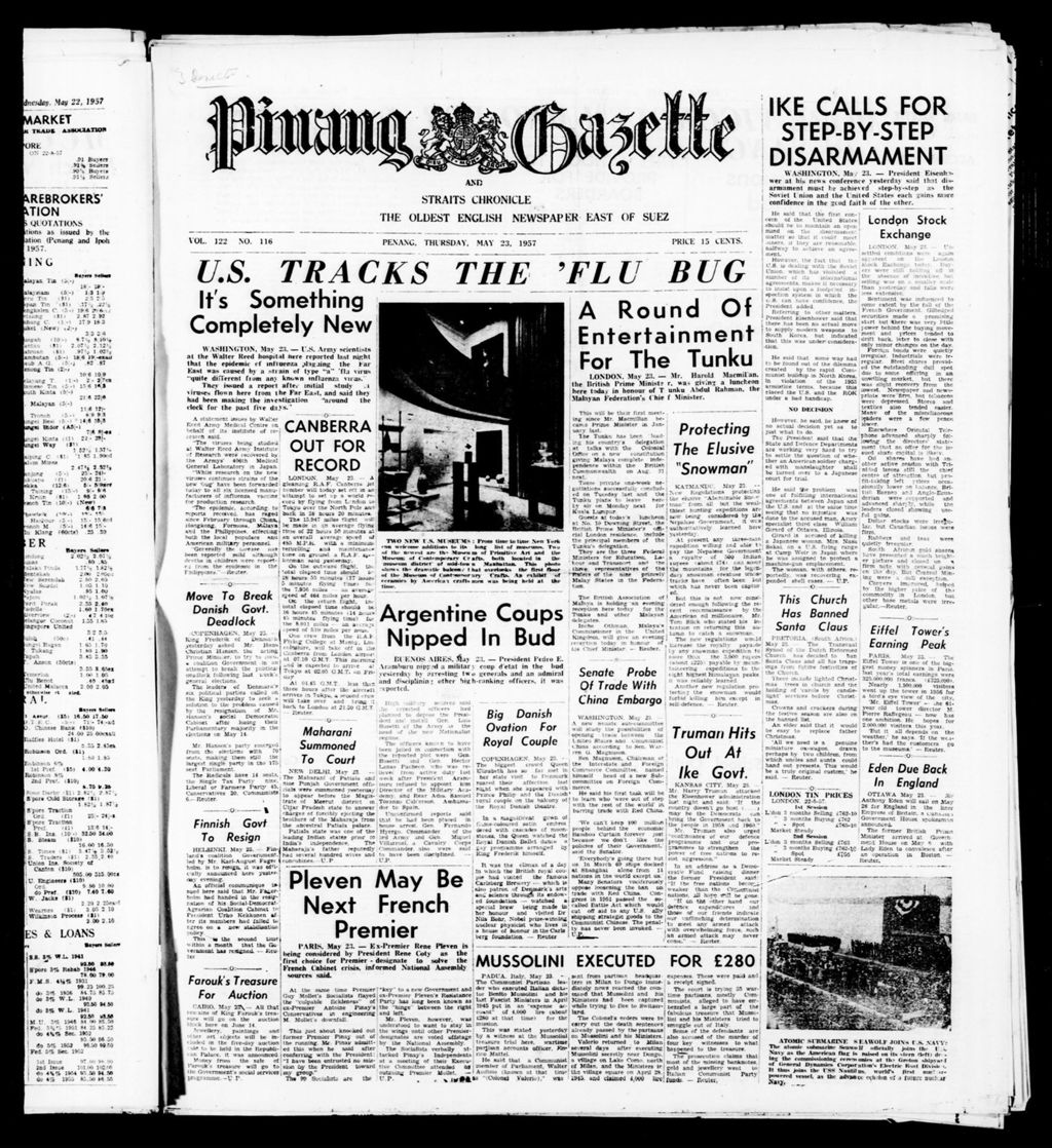 Miniature of Pinang Gazette and Straits Chronicle 23 May 1957