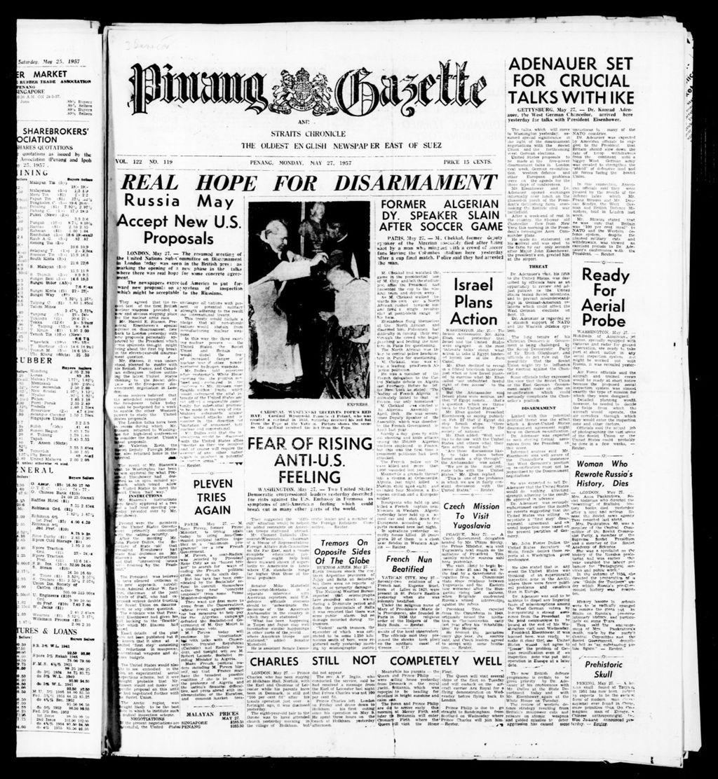 Miniature of Pinang Gazette and Straits Chronicle 27 May 1957