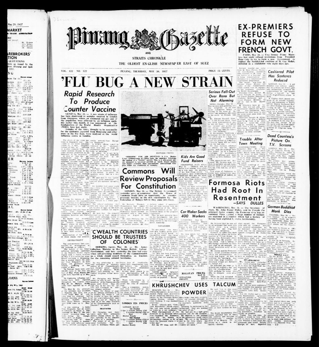 Miniature of Pinang Gazette and Straits Chronicle 30 May 1957