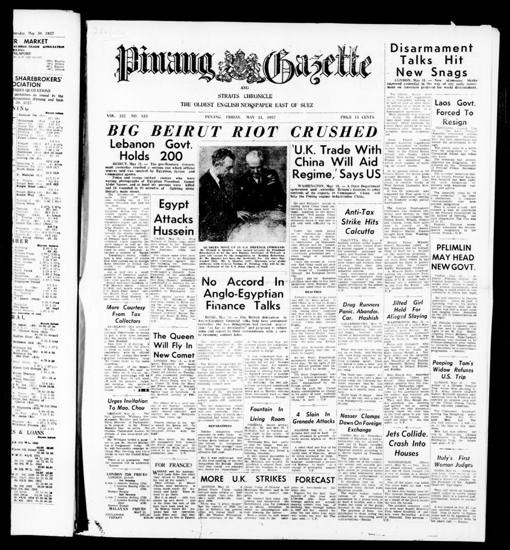 Miniature of Pinang Gazette and Straits Chronicle 31 May 1957