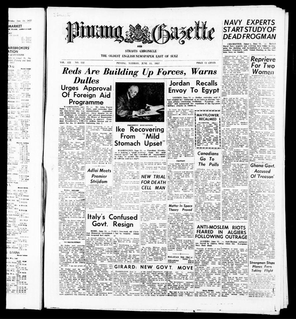 Miniature of Pinang Gazette and Straits Chronicle 11 June 1957