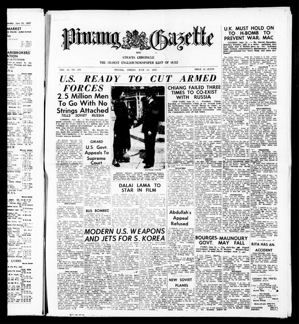 Miniature of Pinang Gazette and Straits Chronicle 21 June 1957