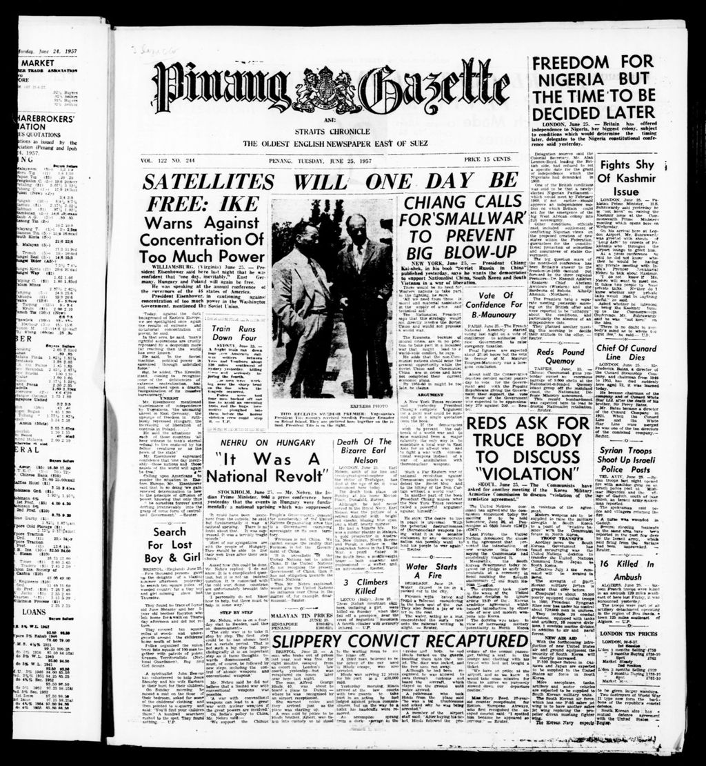 Miniature of Pinang Gazette and Straits Chronicle 25 June 1957