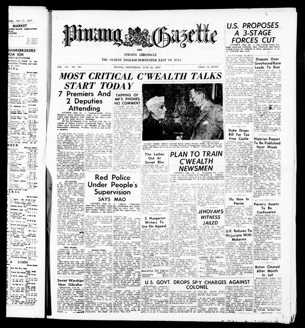 Miniature of Pinang Gazette and Straits Chronicle 26 June 1957