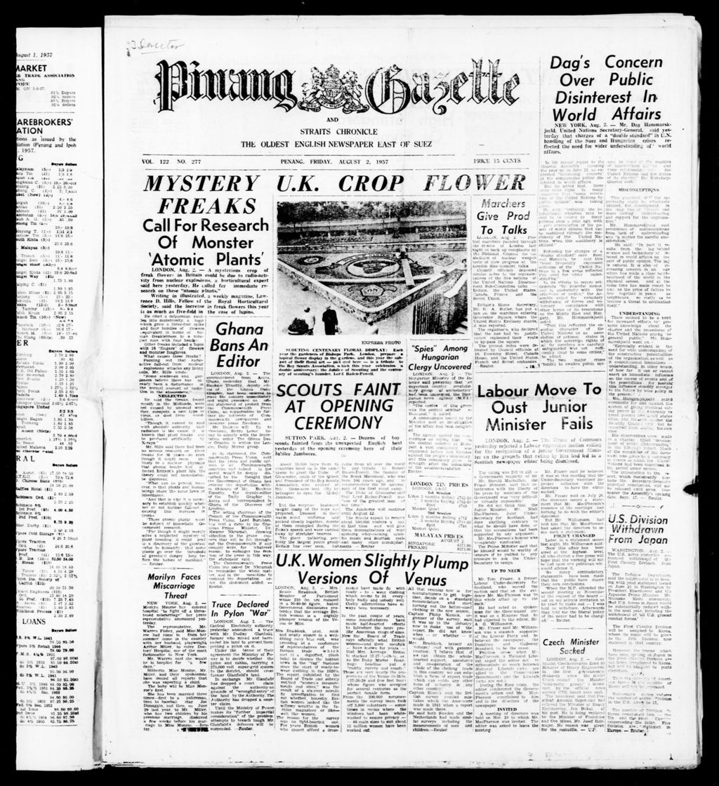 Miniature of Pinang Gazette and Straits Chronicle 02 August 1957