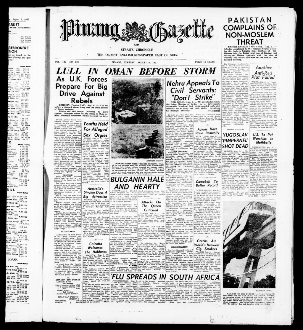 Miniature of Pinang Gazette and Straits Chronicle 06 August 1957