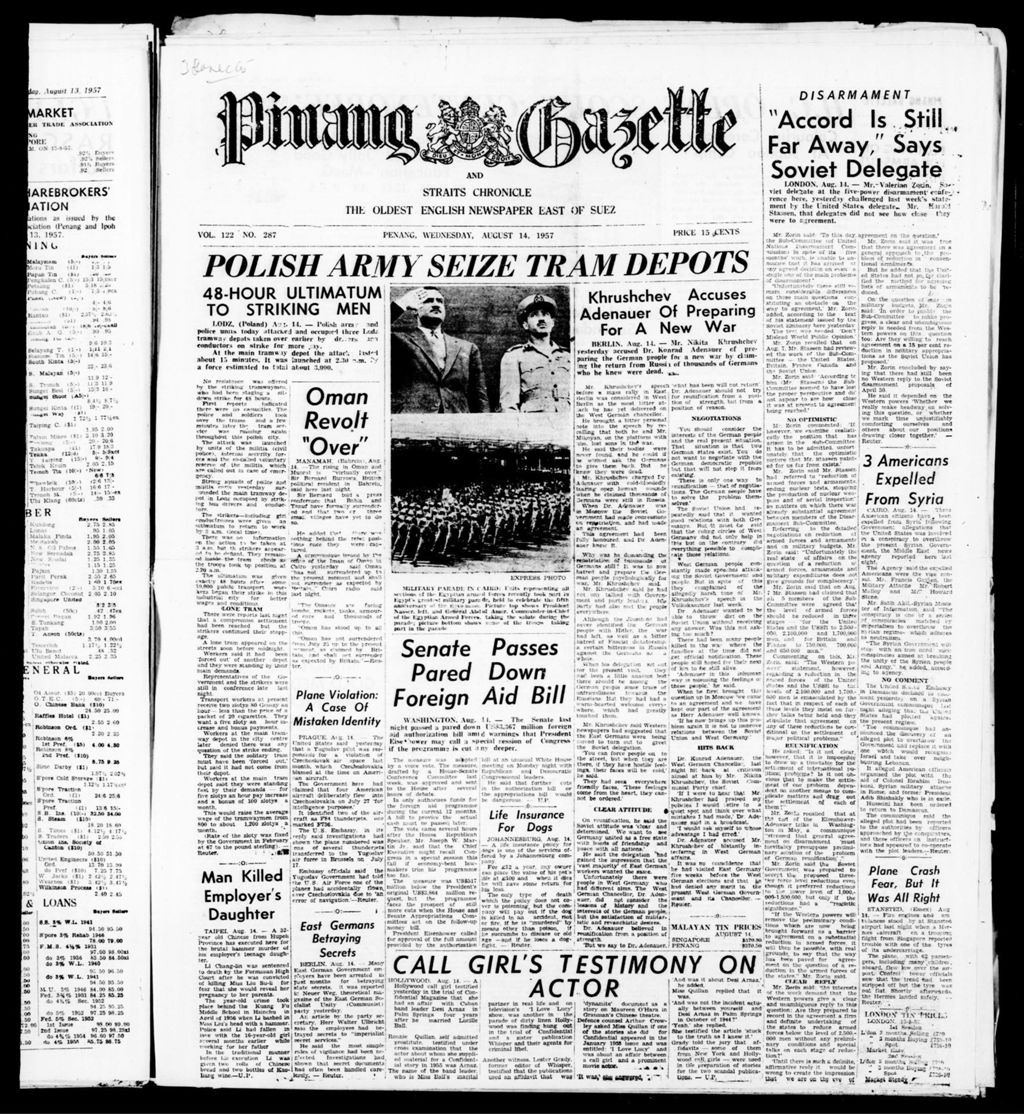 Miniature of Pinang Gazette and Straits Chronicle 14 August 1957