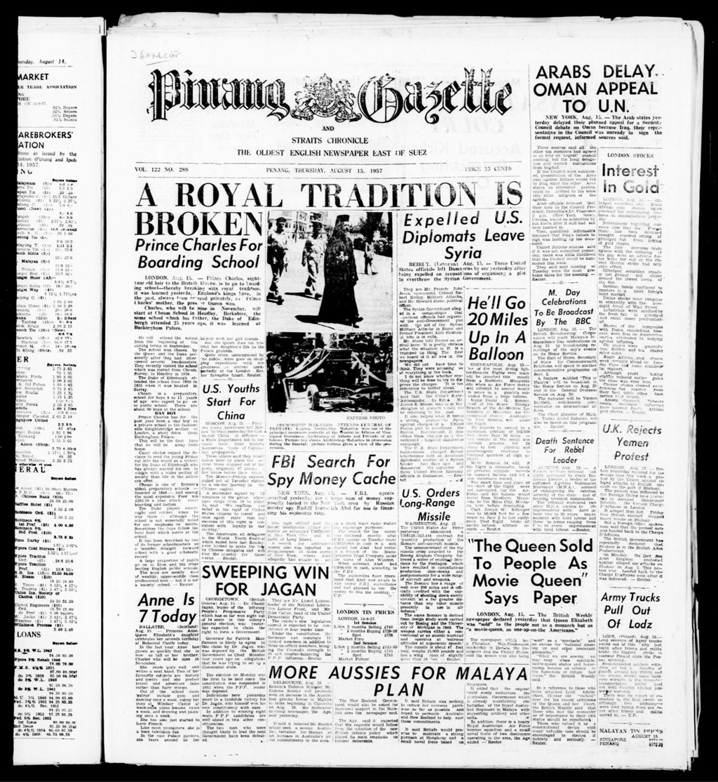 Miniature of Pinang Gazette and Straits Chronicle 15 August 1957