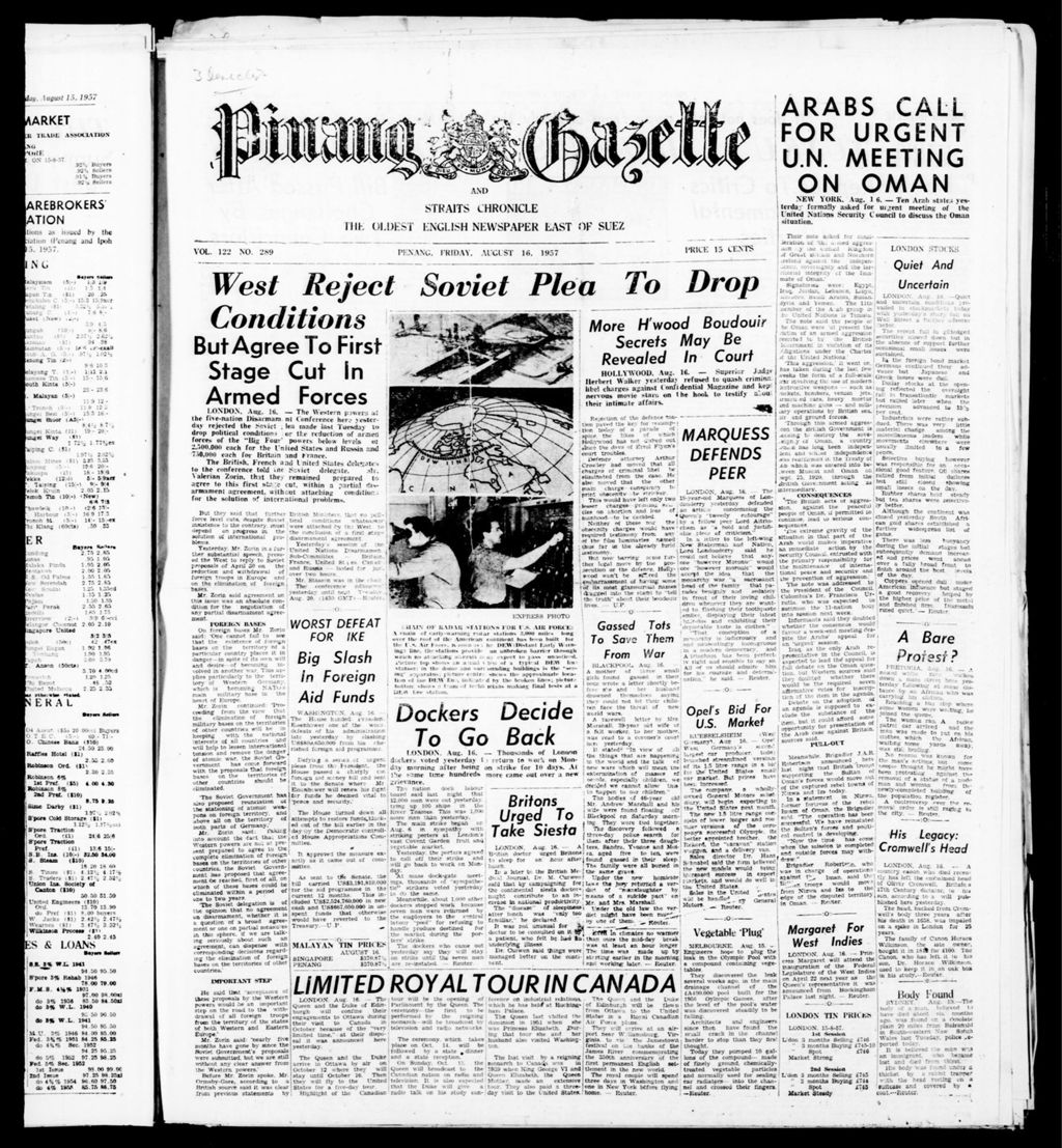 Miniature of Pinang Gazette and Straits Chronicle 16 August 1957