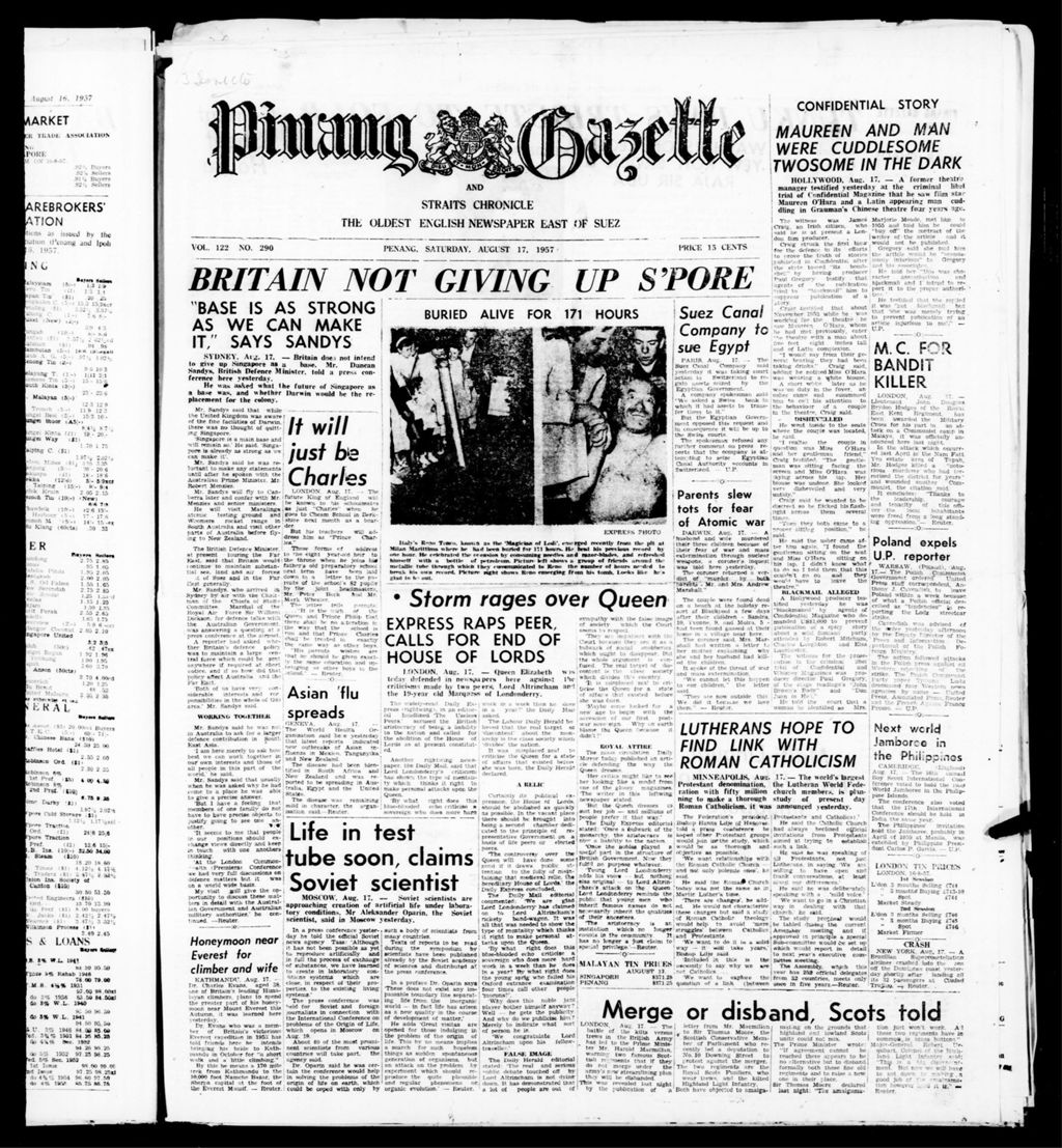 Miniature of Pinang Gazette and Straits Chronicle 17 August 1957