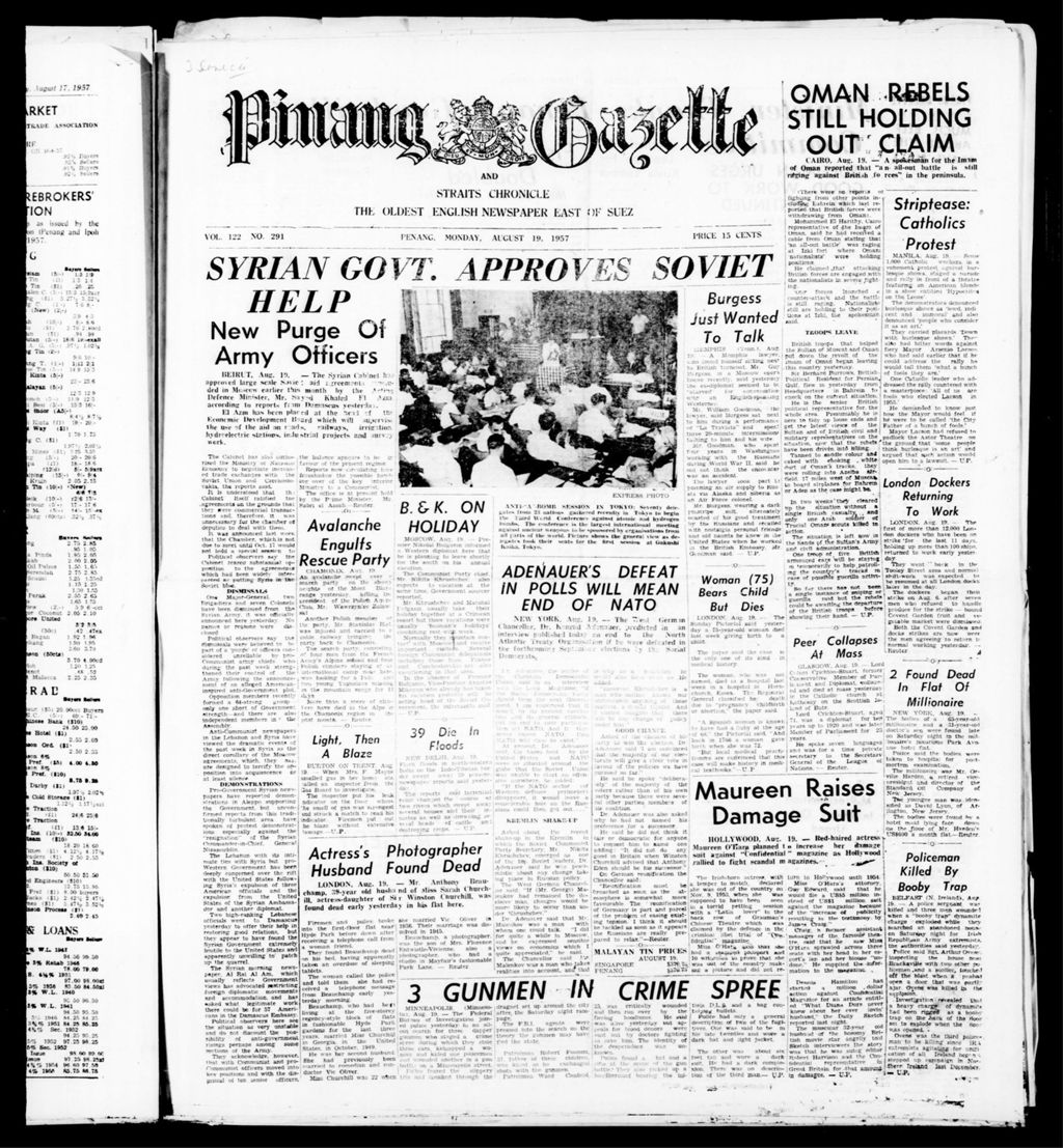 Miniature of Pinang Gazette and Straits Chronicle 19 August 1957