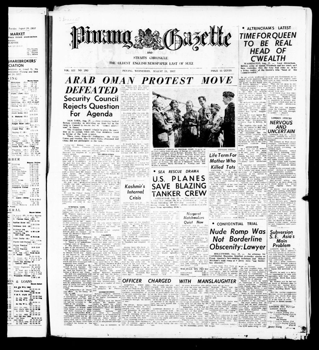 Miniature of Pinang Gazette and Straits Chronicle 21 August 1957