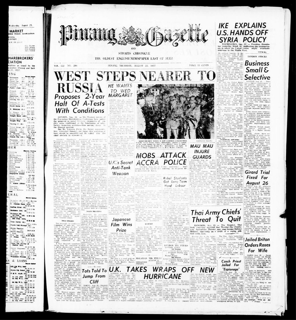 Miniature of Pinang Gazette and Straits Chronicle 22 August 1957