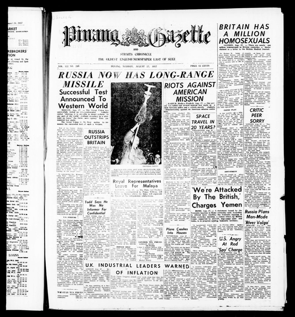 Miniature of Pinang Gazette and Straits Chronicle 27 August 1957