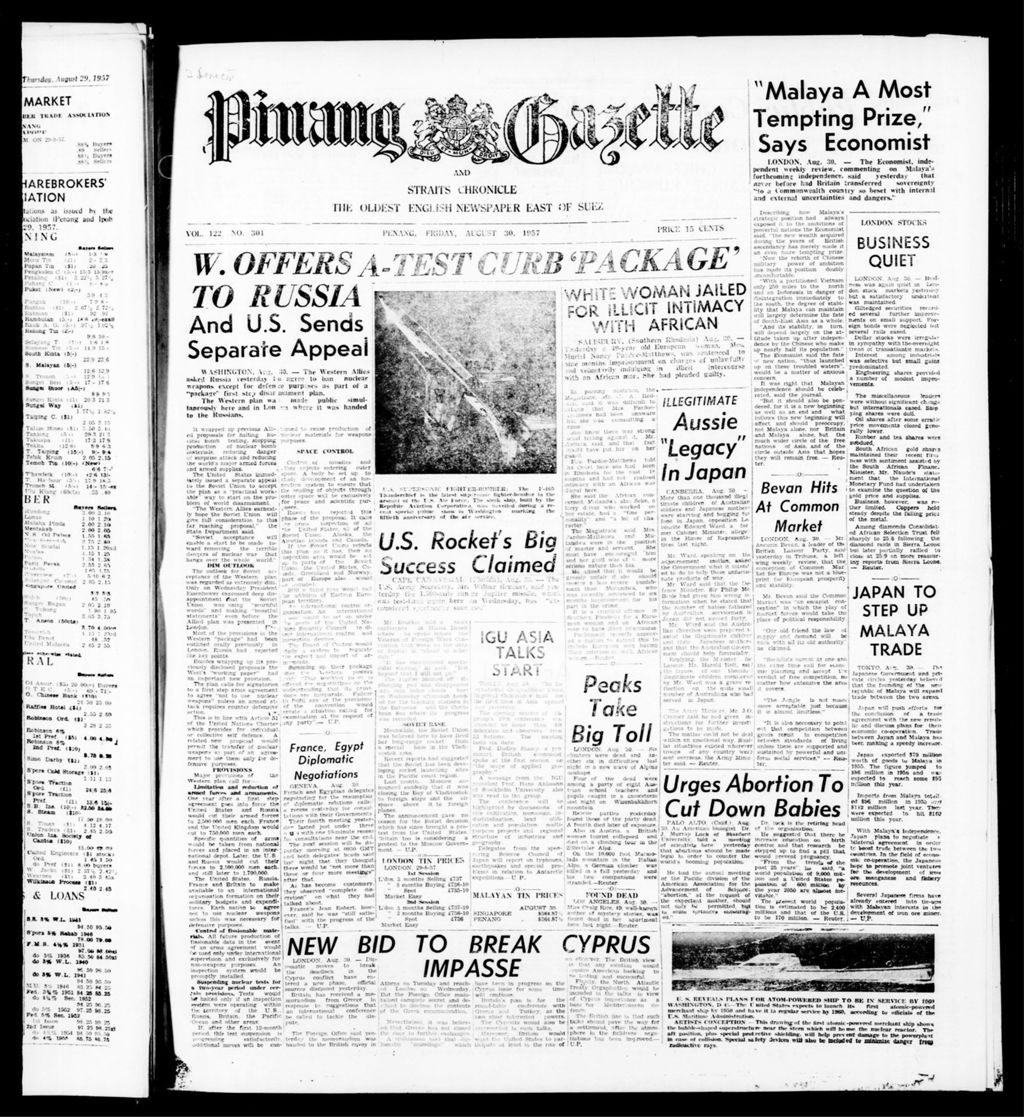 Miniature of Pinang Gazette and Straits Chronicle 30 August 1957