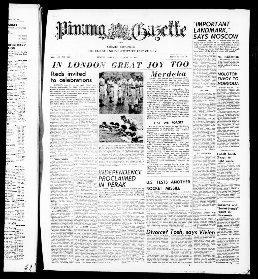 Miniature of Pinang Gazette and Straits Chronicle 31 August 1957