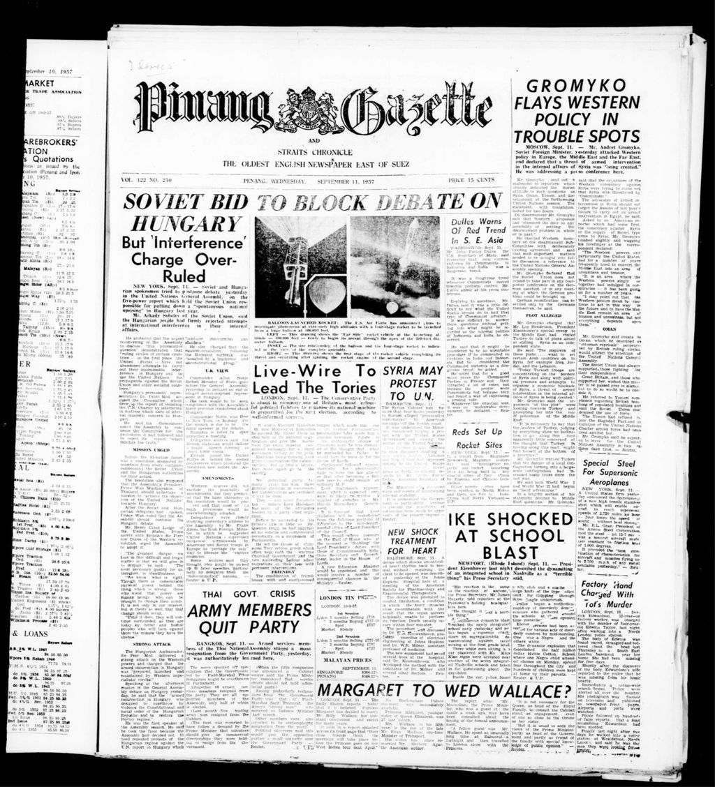 Miniature of Pinang Gazette and Straits Chronicle 11 September 1957