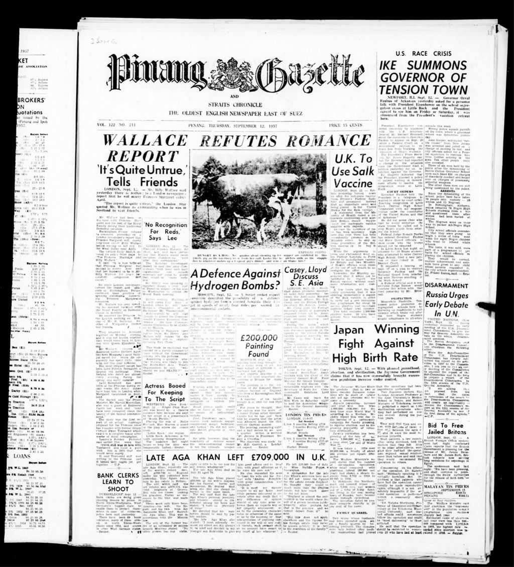 Miniature of Pinang Gazette and Straits Chronicle 12 September 1957