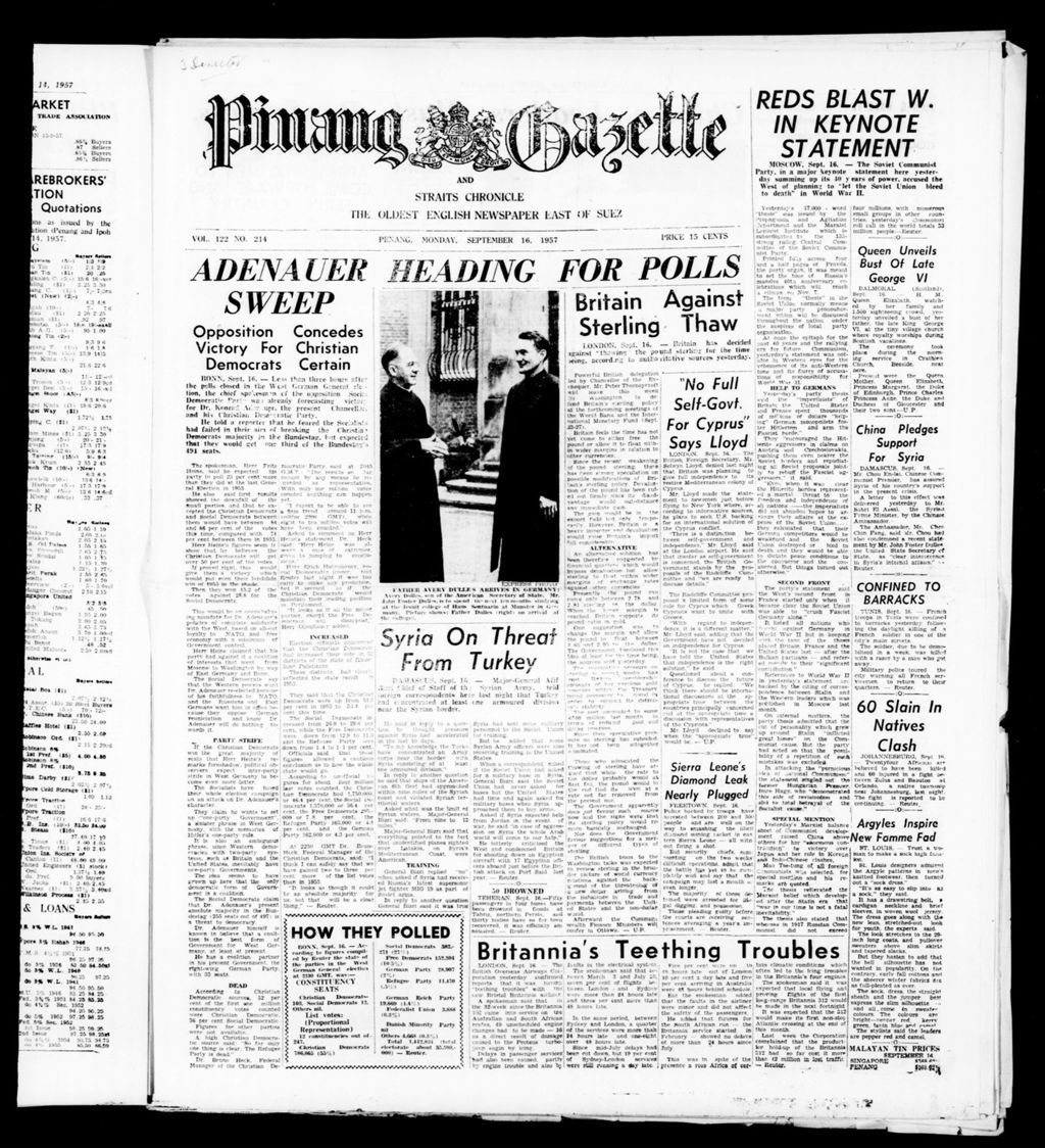 Miniature of Pinang Gazette and Straits Chronicle 16 September 1957