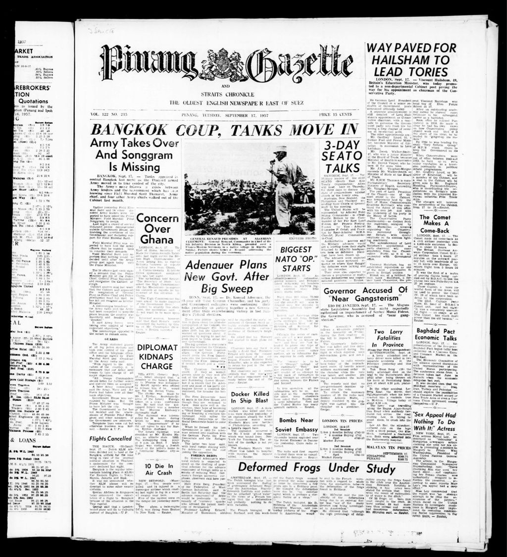 Miniature of Pinang Gazette and Straits Chronicle 17 September 1957