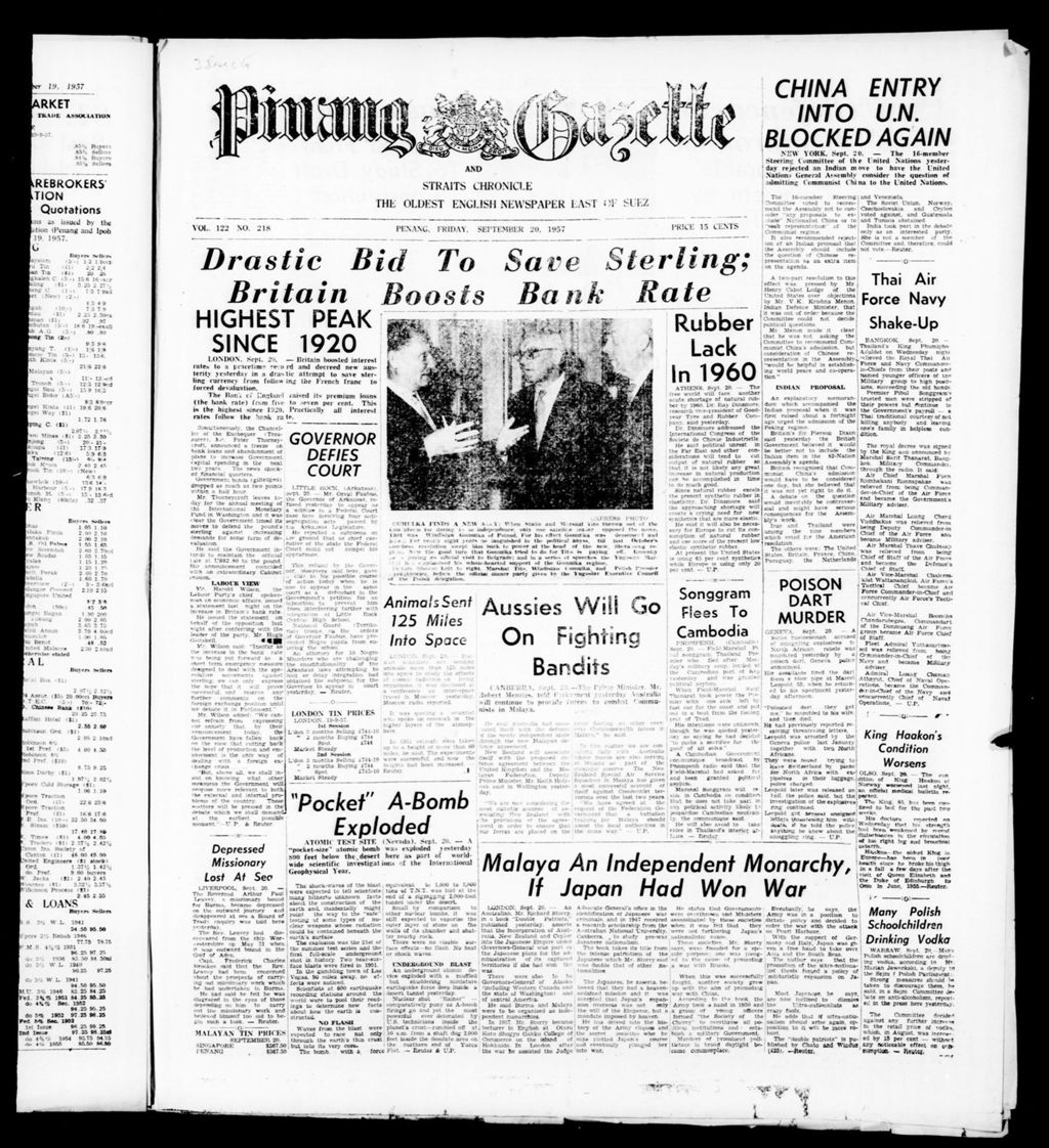 Miniature of Pinang Gazette and Straits Chronicle 20 September 1957