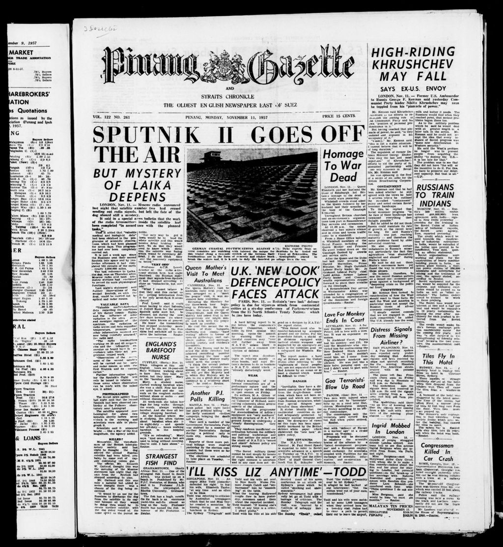 Miniature of Pinang Gazette and Straits Chronicle 11 November 1957