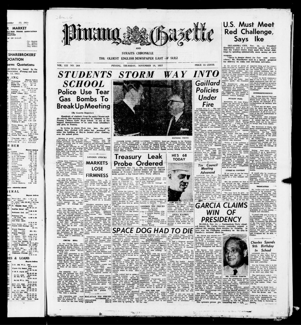 Miniature of Pinang Gazette and Straits Chronicle 14 November 1957