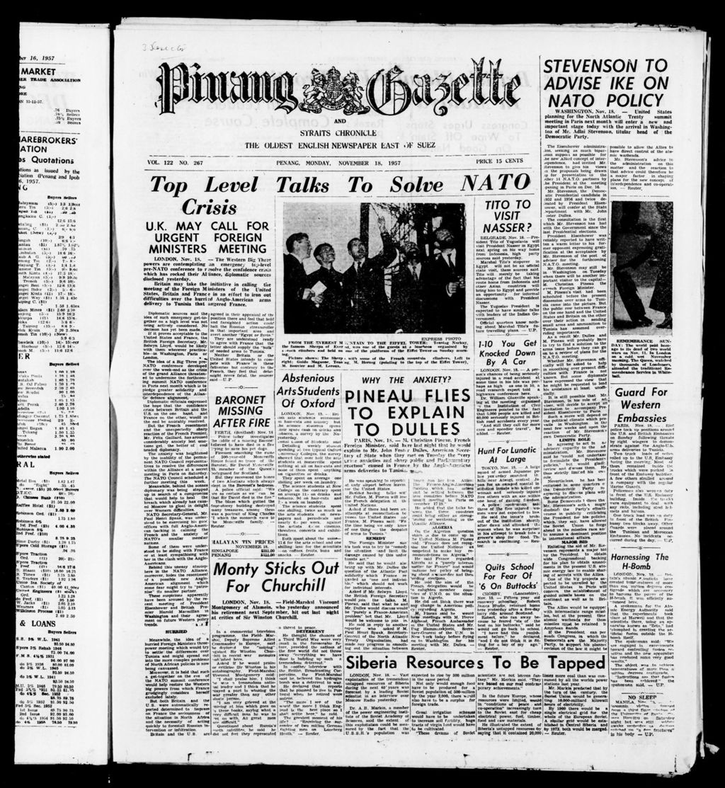 Miniature of Pinang Gazette and Straits Chronicle 18 November 1957