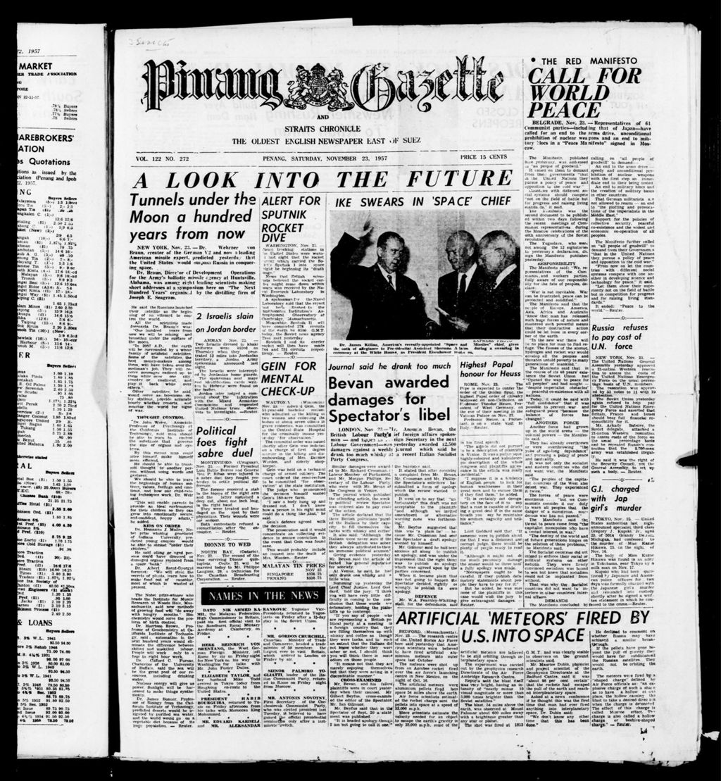 Miniature of Pinang Gazette and Straits Chronicle 23 November 1957