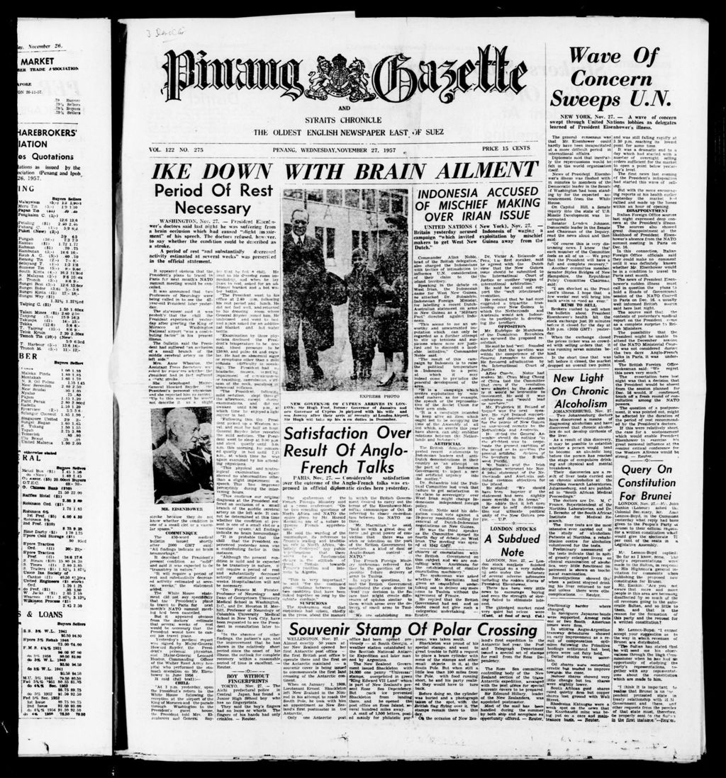 Miniature of Pinang Gazette and Straits Chronicle 27 November 1957