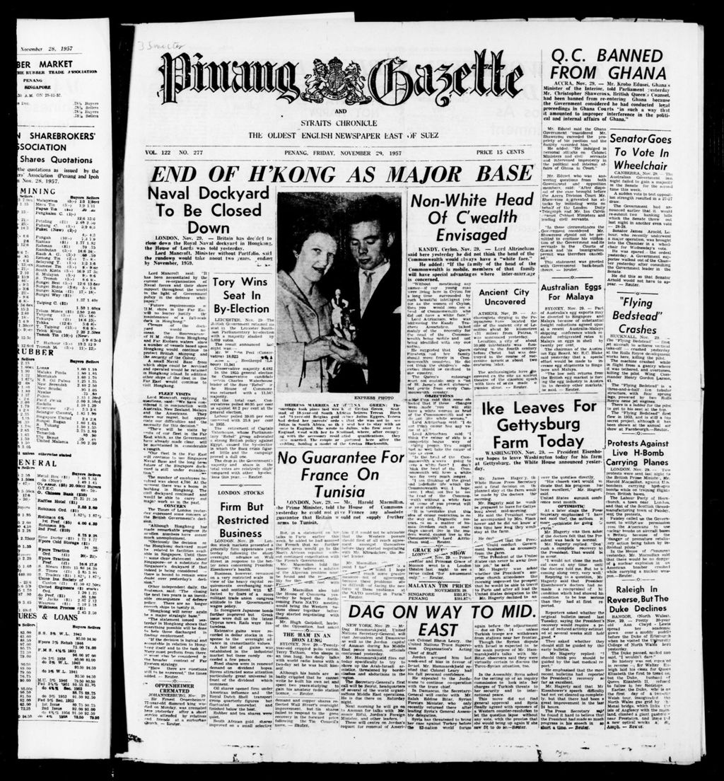 Miniature of Pinang Gazette and Straits Chronicle 29 November 1957