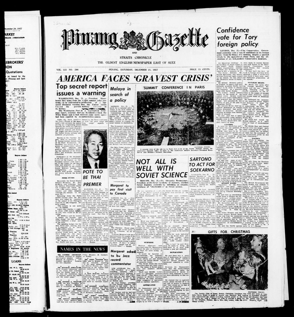 Miniature of Pinang Gazette and Straits Chronicle 21 December 1957